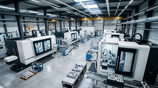 Interior pabrik dengan mesin machining dan area kerja yang tertata
